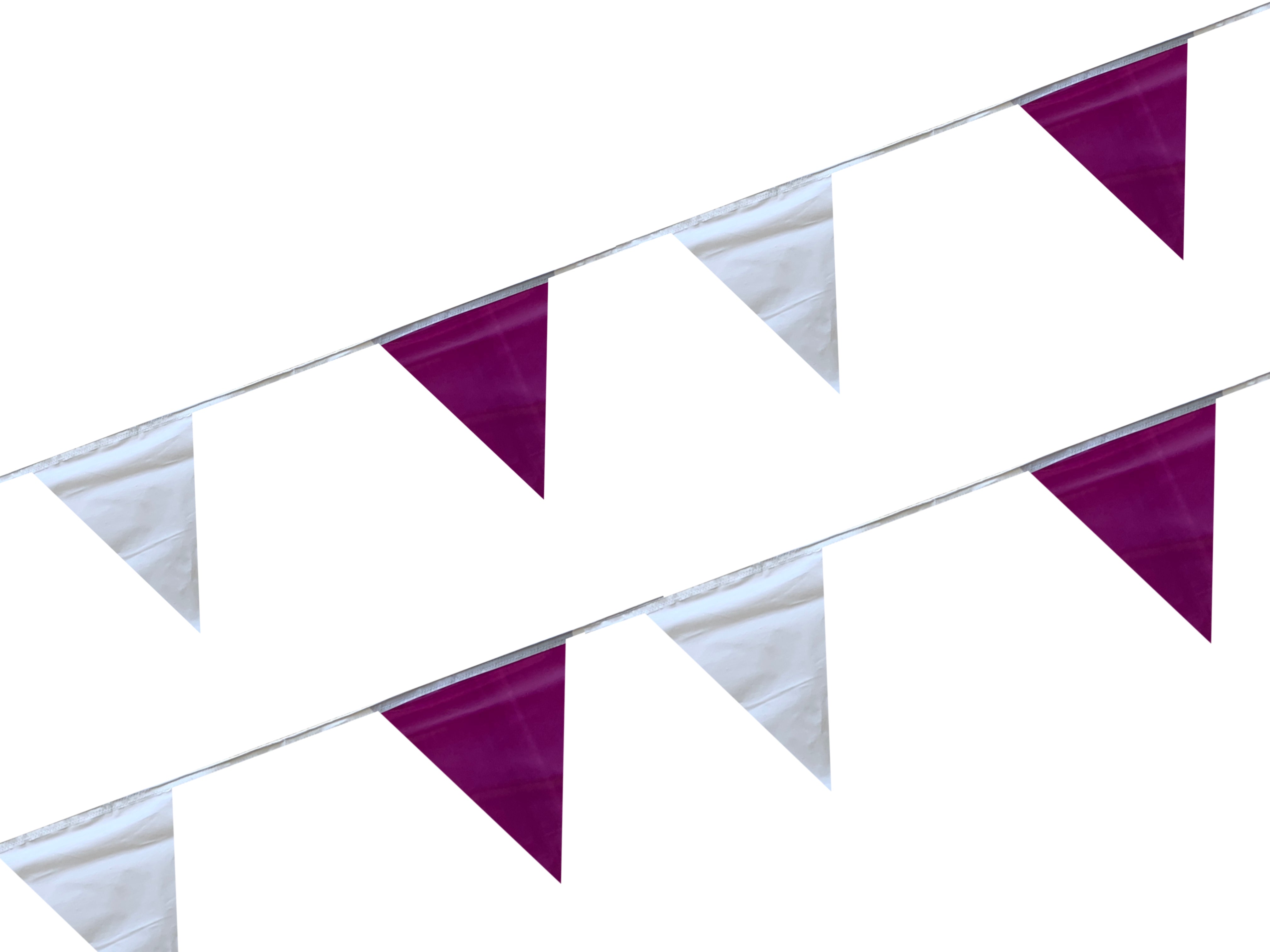 Tira de banderines triangulares colores lila y blanco, fabricados en polietileno resistente con guía de rafia blanca. Perfectos para decoración en eventos, fiestas y celebraciones Tira de banderines triangulares colores lila y blanco, fabricados en polietileno resistente con guía de rafia blanca. Perfectos para decoración en eventos, fiestas y celebraciones